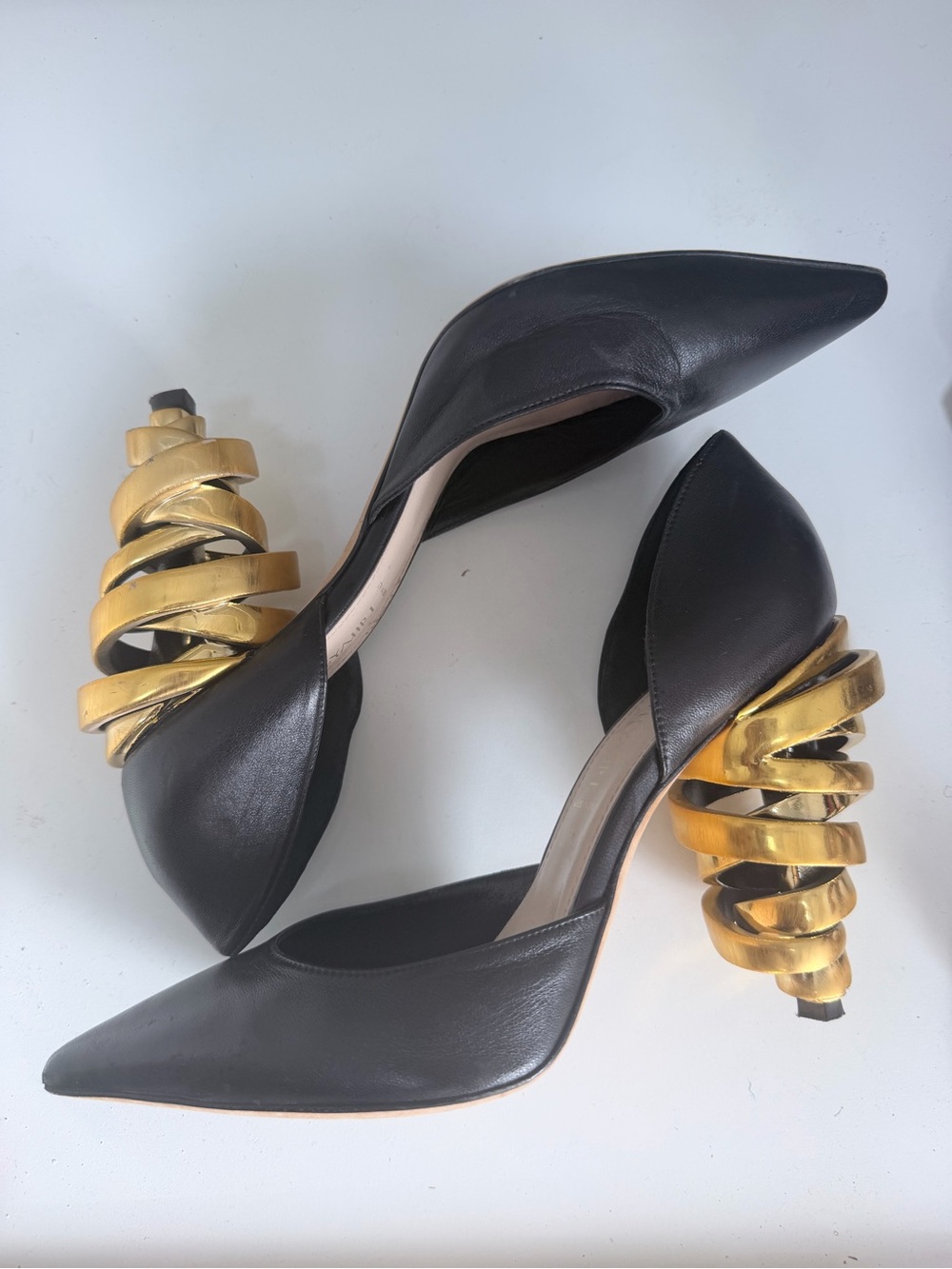Keeyahri Black Leather Pumps with Sculptural Gold Spiral Heels
